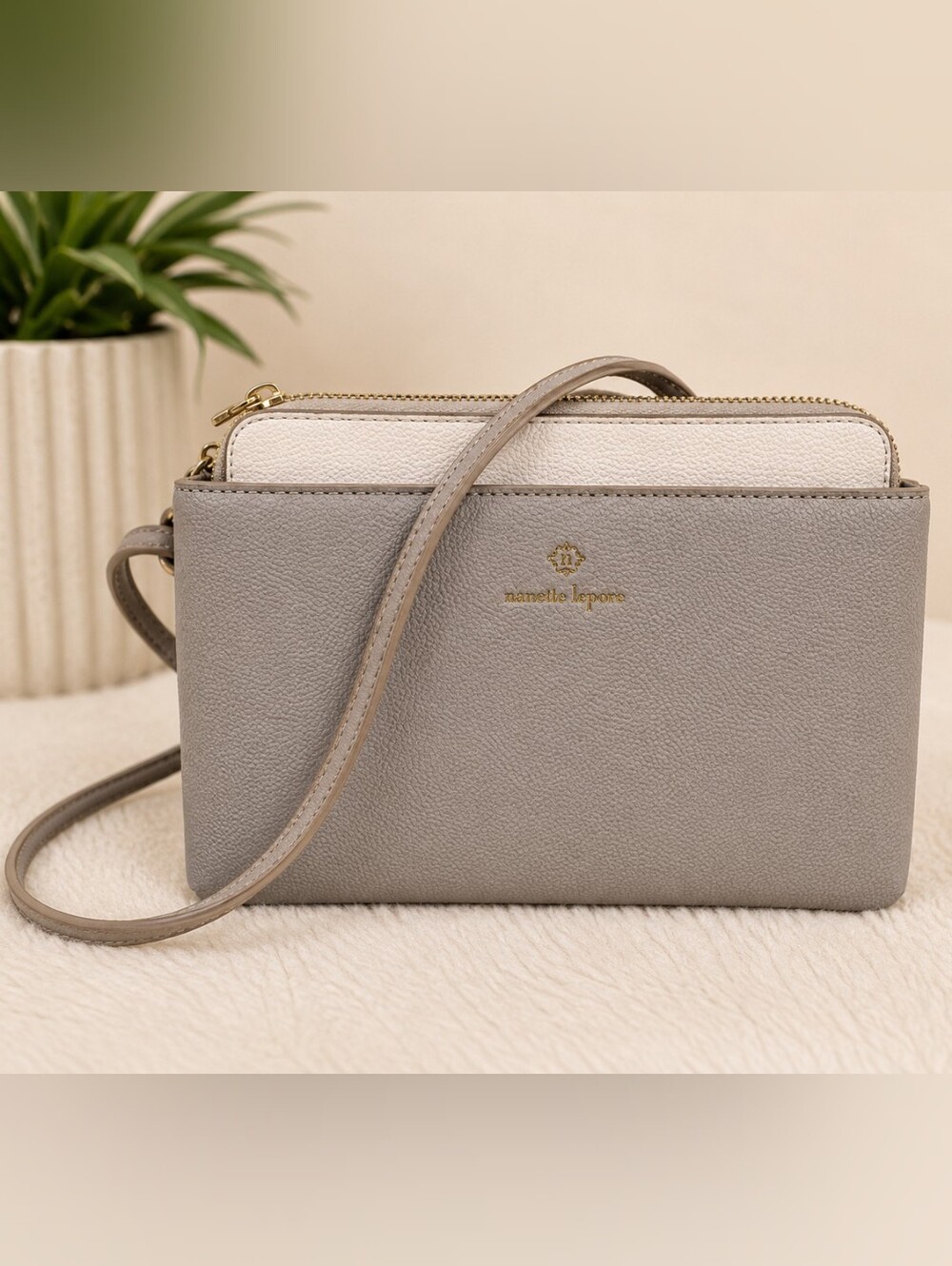 Nanette Lepore Taupe Pebbled Faux Leather Crossbody Bag Gold Hardware